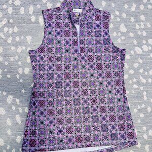 Greg Norman Collection Pink Black White Purple Patterned Gold Tank Top, Size S